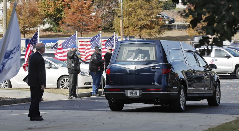 October 18, 2019 - Snellville -  Patriot Guard Riders salute as the hearse arrives at the church.  The funeral for Master Sgt. Mark Allen was held. Friday at the First Baptist Church of Snellville. Allen died Saturday, ten years after he was shot while searching for a soldier who deserted his post in Afghanistan. He was 46.  Bob Andres / robert.andres@ajc.com
