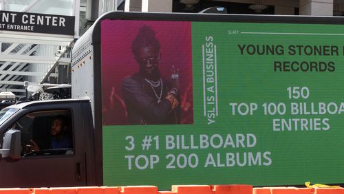 Outside of the front of the Fulton County Courthouse were a Young Thug new album promotional bus drove by on August 16, 2023 in Atlanta. Today is Young Thug’s Birthday. (Michael Blackshire/Michael.blackshire@ajc.com)