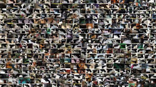 A collage of the record number of 3,957 guns the Transportation Security Administration found at airport checkpoints in 2017.