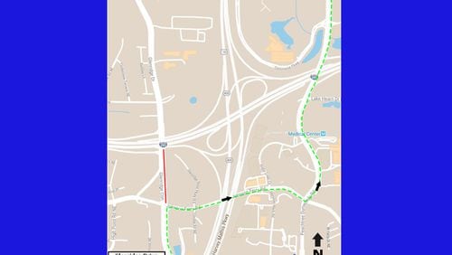Map depicts the recommended detour when northbound Glenridge Drive in Sandy Springs is closed for overnight utility work Dec. 10-14. GEORGIA DEPARTMENT OF TRANSPORTATION