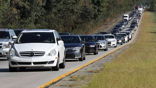 Traffic jam on I-16 West just south of Macon on Thursday, Oct. 6, 2016, as coastal Georgians flee the threat of Hurricane Matthew. (Curtis Compton /ccompton@ajc.com)