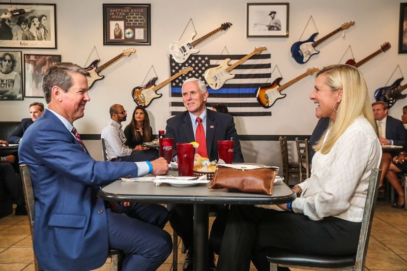 May 22, 2020 - Atlanta - Gov. Brian Kemp and VP Mike Pence along with First Lady Marty Kemp, had lunch at the Star Cafe in Atlanta during Pence’s visit, which also included a roundtable discussion with restaurant executives at the Waffle House Headquarters.. John Spink / john.spink@ajc.com