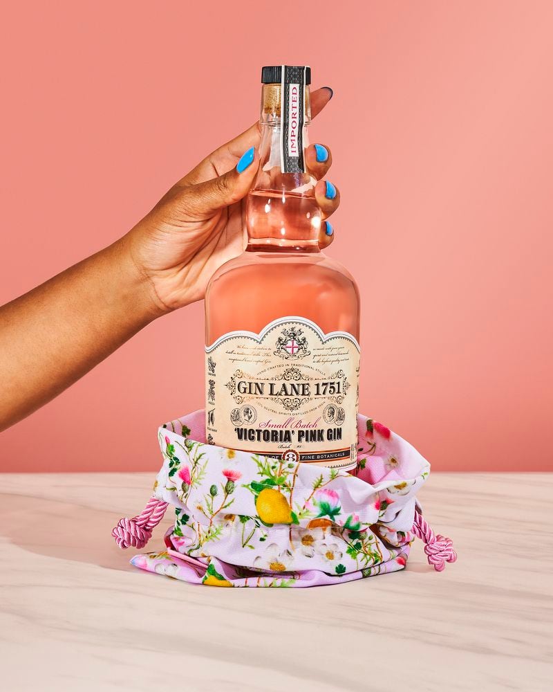 Designer Cynthia Rowley and Gin Lane 1751 collaborated on this ode to Victorian pink gin, which comes in a versatile clutch. Courtesy of Gin Lane 1751