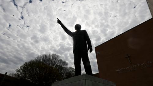 The MLK statue is shown outside of the Martin Luther King, Jr. International Chapel on the Morehouse College campus, Monday, March 18, 2024, in Atlanta.  (Jason Getz / jason.getz@ajc.com)