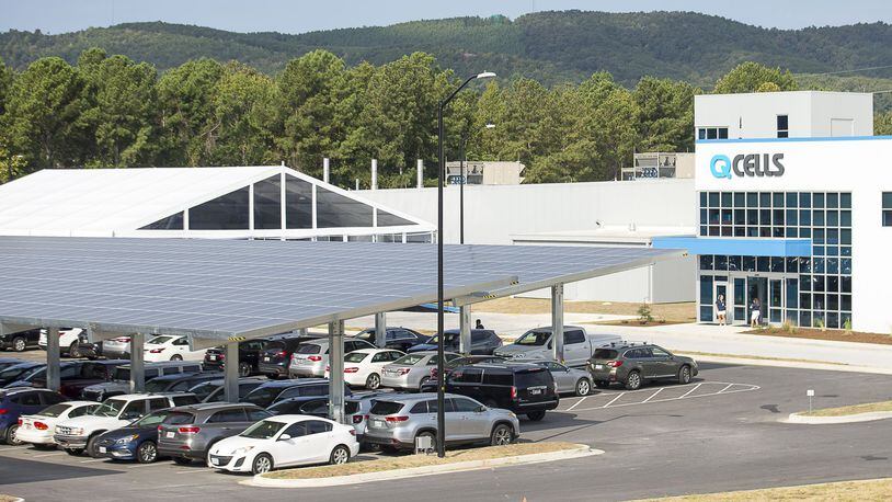 The exterior of Hanwha qcells solar manufacturing facility in Dalton is shown on Friday, September 20, 2019. (Alyssa Pointer/alyssa.pointer@ajc.com)
