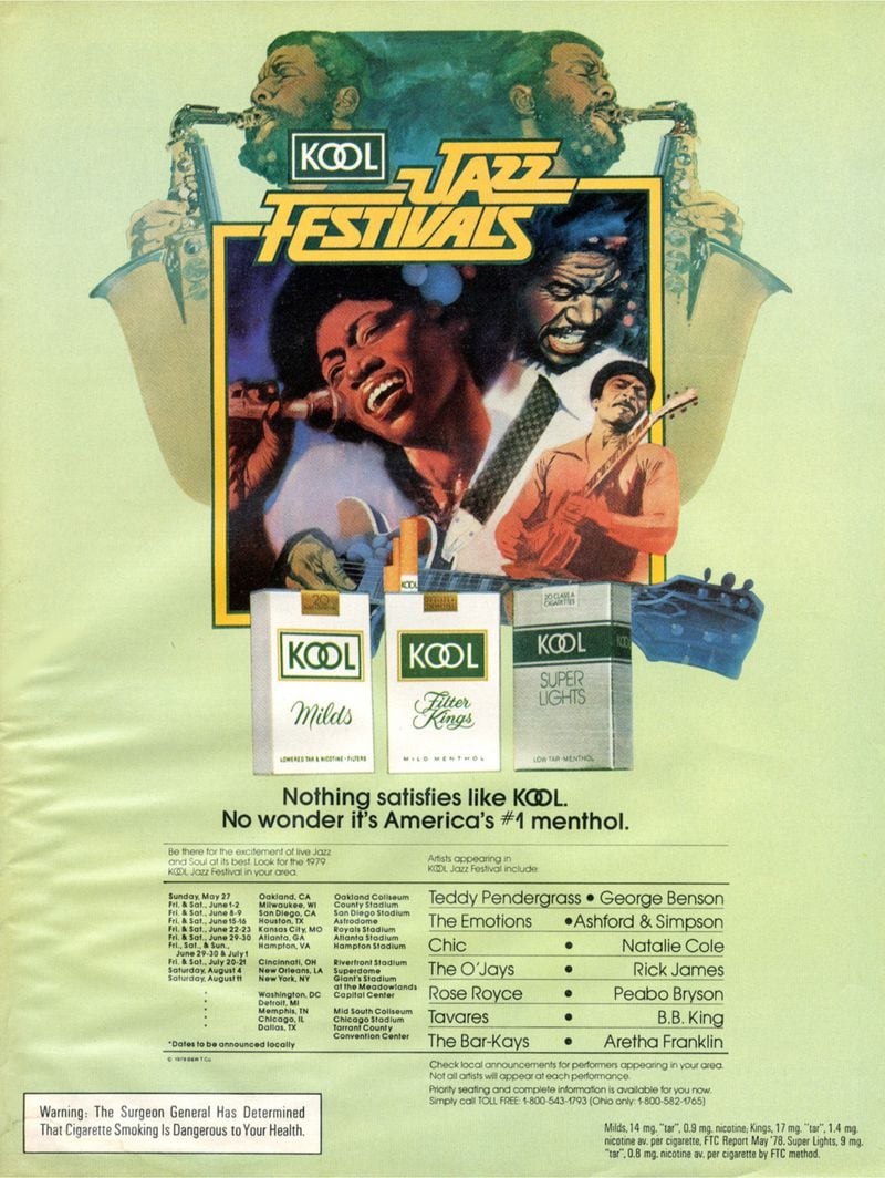 This advertisement from 1978 announces the 1979 touring schedule for the Kool Jazz Festival, which came to Atlanta over June 29-30. This image is taken from the collection of tobacco ads curated by the Stanford University Research Into the Impact of Tobacco Advertising. (SRITA)