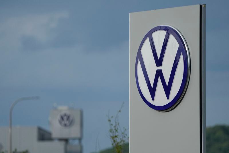 A VW logo is seen outside the Volkswagen automobile plant in Chattanooga, Tenn., Friday, April 19, 2024. Workers at the plant finish voting Friday night on whether to join the United Auto Workers union. (AP Photo/George Walker IV)