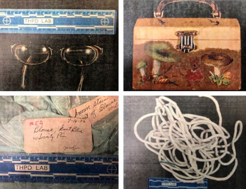 In evidence photos, clockwise from top left, are Pamela Milam's glasses, purse, her blouse stained with her killer's DNA and clothesline used to tie her up. Terre Haute Police Chief Shawn Keen announced Monday, May 6, 2019, that DNA evidence and familial genealogy has revealed Jeffrey Lynn Hand as the likely killer of Milam 46 years ago on the Indiana State University campus. Milam, 19, was last seen alive the night of Sept. 15, 1972, following a sorority event on campus. The ISU sophomore was found strangled, bound and gagged in the trunk of her car the following day by her family. Hand, who was 23 at the time of Milam’s slaying, killed a hitchhiker nine months later, but was found not guilty by reason of insanity and released in 1976. He was killed by police during a botched kidnapping two years later.