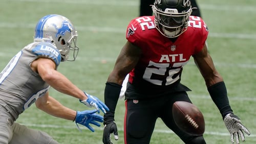 Atlanta Falcons strong safety Keanu Neal (22) misses the catch against the Detroit Lions during the first half of an NFL football game, Sunday, Oct. 25, 2020, in Atlanta. (AP Photo/Brynn Anderson)