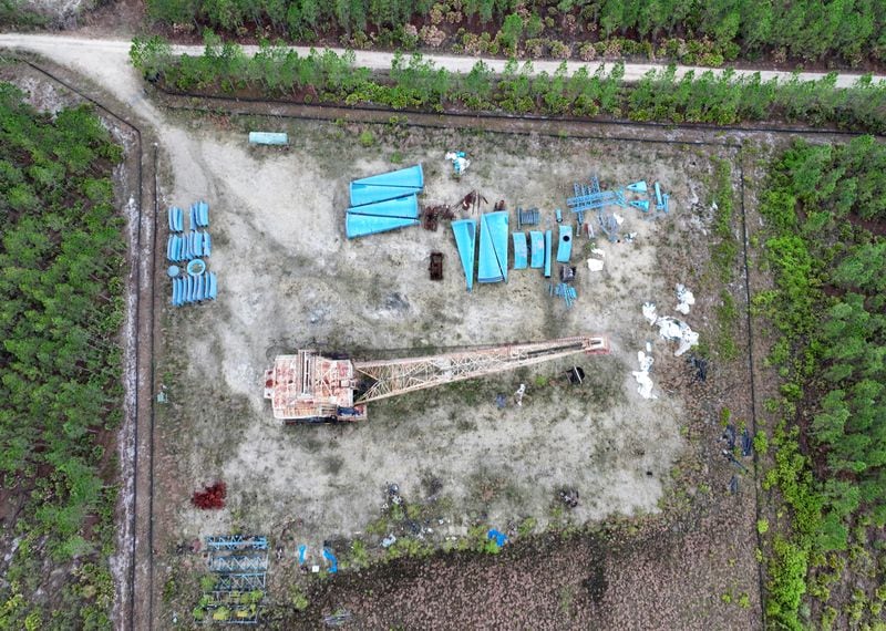 This aerial photograph taken from a drone shows part of the Twin Pines mine site where equipment has been stationed in Charlton County. The site is less than 3 miles from the Okefenokee National Wildlife Refuge, the largest swath of federally protected land east of the Mississippi. Staff photo by Hyosub Shin / Hyosub.Shin@ajc.com