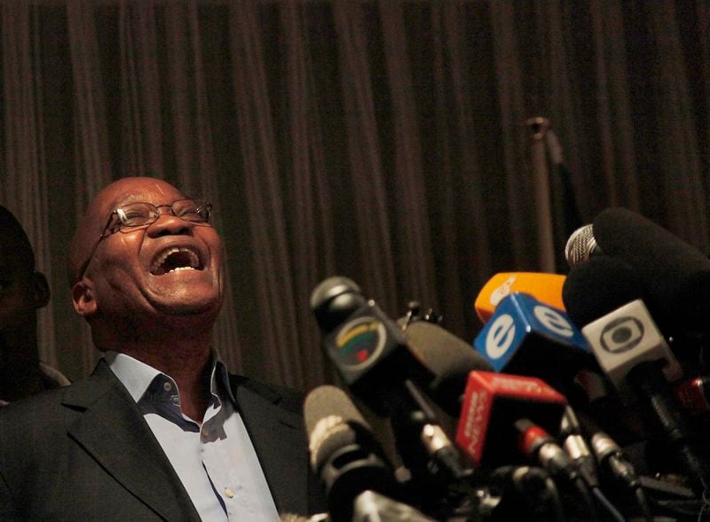 FILE - African National Congress (ANC) President Jacob Zuma reacts at the end of a news conference in Johannesburg, South Africa April 21. 2009 For the first time since 1994, the ruling African National Congress (ANC) might receive less than 50% of votes after Zuma stepped down in disgrace in 2018 amid a swirl of corruption allegations and has given his support to the newly-formed UMkhonto WeSiizwe political party. (AP Photo/Denis Farrell, File)