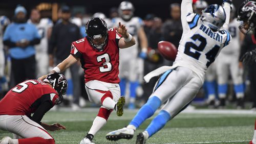 Atlanta Falcons kicker Matt Bryant kicks a field goal in the 4th quarter Sunday December 31, 2017 against the Carolina Panthers.Bryant kicked five field goals to help lead the Falcons to a playoff berth.  Photo by Brant Sanderlin/AJC