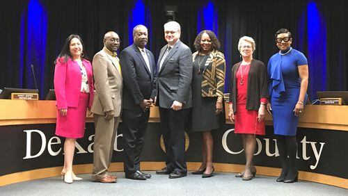 Members of the DeKalb County Board of Commissioners pose for a photo during their Jan. 15, 2019 meeting. They are (L to R) Nancy Jester, Larry Johnson, Steve Bradshaw, presiding officer Jeff Rader, Mereda Davis Johnson, Kathie Gannon and Lorraine Cochran-Johnson. (TIA MITCHELL/TIA.MITCHELL@AJC.COM)