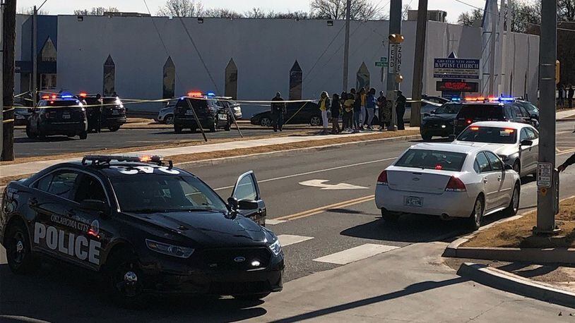 Two people were hit by gunfire Monday outside an Oklahoma City church where a funeral was being held, police said.