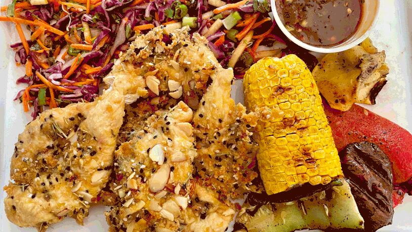 Takeout almond-rosemary chicken skewers from Fresh to Go.
(Angela Hansberger for The Atlanta Journal-Constitution)