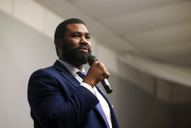 Christian Wise Smith, Democrat, a candidate for Fulton County District Attorney, speaks during the 2024 Town Hall for North Fulton Democratic and Nonpartisan Candidates at Memories Event Space, Tuesday, April 30, 2024, in Johns Creek, Ga.  (Jason Getz / AJC)
