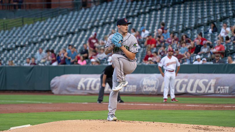Braves prospect AJ Smith-Shawver pitches for the Gwinnett Stripers against the Memphis Redbirds on May 19, 2023. (Photo courtesy of the Memphis Redbirds)