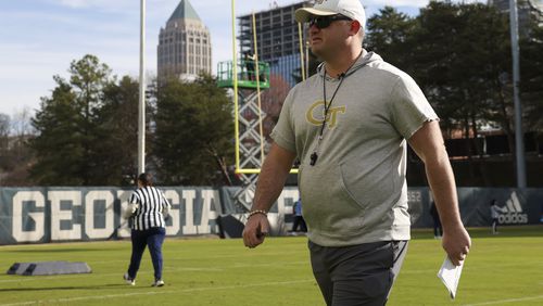 Georgia Tech coach Brent Key walks off of the Rose Bowl Field during their first day of spring football practice, Monday, March 11, 2024, in Atlanta. (Jason Getz / jason.getz@ajc.com)
