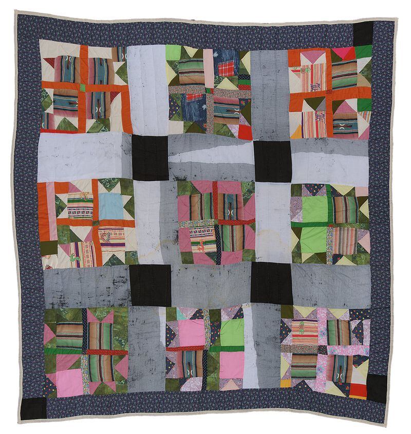 Agatha Bennett (American, 1919-2006), "Cross In Square" and "Bear Paw"—Nine-Block Variation, ca. 1985, cotton, cotton/polyester blend, cotton knit, and corduroy, High Museum of Art, museum purchase and gift of the Souls Grown Deep Foundation from the William S. Arnett Collection, 2017.34. © Estate of Agatha Bennett/Artists Rights Society (ARS), New York.
