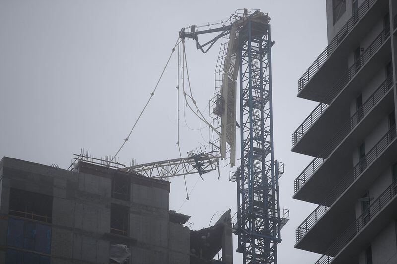MIAMI, FL - SEPTEMBER 10: A crane tower is seen after part of it collapsed from the winds of Hurricane Irma on September 10, 2017 in Miami, Florida. Hurricane Irma made landfall in the Florida Keys as a Category 4 storm on Sunday, lashing the state with 130 mph winds as it moves up the coast. (Photo by Joe Raedle/Getty Images)