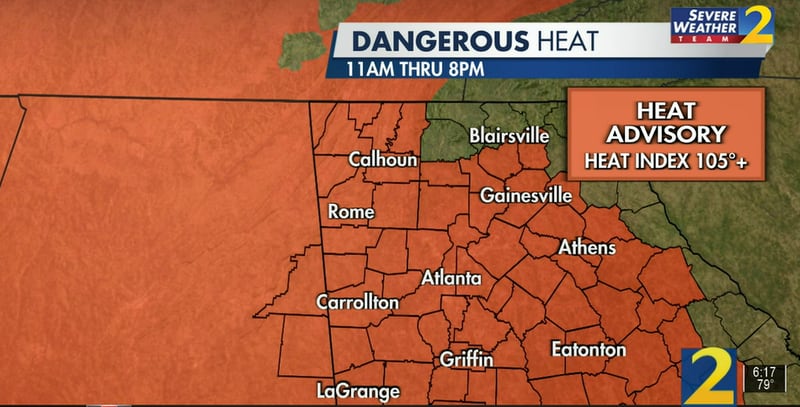 A heat advisory is scheduled to take effect at 11 a.m. for most of North Georgia. It will expire at 8 p.m.
