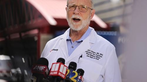 Grady Hospital Chief Medical Officer Dr. Robert Jansen makes a statement about the status of the victims of Wednesday’s Midtown shooting on Thursday, May 4, 2023.  (Natrice Miller/natrice.miller@ajc.com)