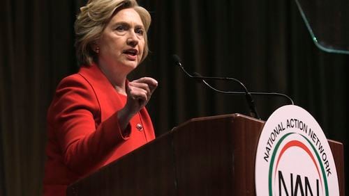 Democratic presidential candidate Hillary Clinton speaks at the 25th annual National Action Network convention in New York, Wednesday, April 13, 2016. (AP Photo/Richard Drew)
