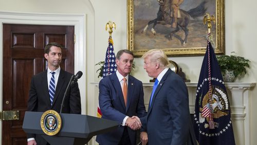 President Donald Trump shakes hands with Sen. David Perdue (R-Ga.) during an immigration announcement at the White House in August 2017. (Zach Gibson/Pool/Sipa USA/TNS)