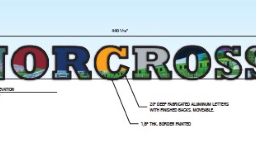 Just one of several conceptual designs for a sign in Norcross to be placed between the city’s new library and The Brunswick apartment complex adjacent to Lillian Webb Park. (Courtesy City of Norcross)
