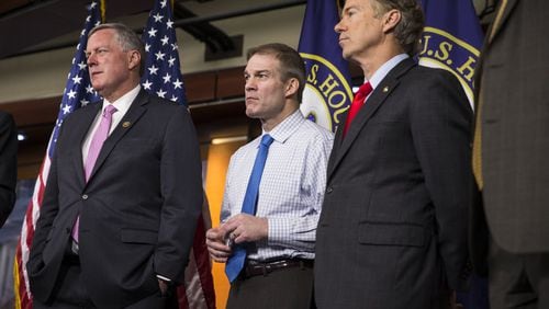 From left: Reps. Mark Meadows (R-N.C.), Jim Jordan (R-Ohio) and Sen. Rand Paul (R-Ky.) at a news conference to discuss new legislation to replace the Affordable Care Act, on Capitol Hill in Washington, Feb. 15, 2017. T(Al Drago/The New York Times)