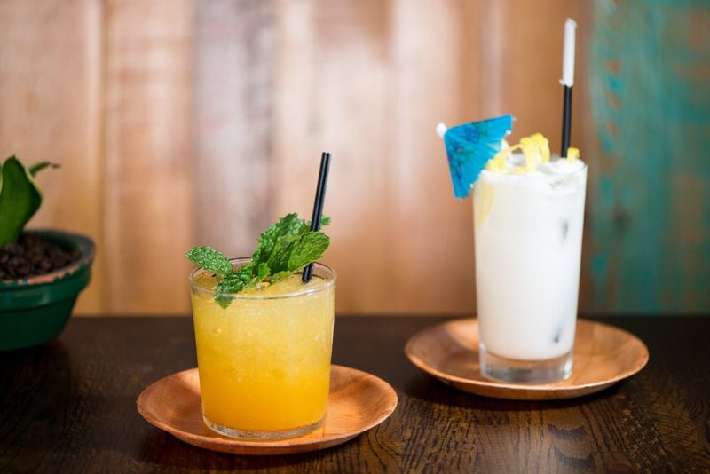 Sol Del  Ron cocktail (left) with rum, pineapple, and sour orange, and Coco Riko cocktail (right) with white rum, lemon, coconut cream, and soda. Photo credit- Mia Yakel.