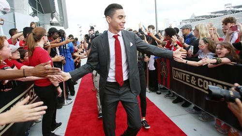October 22, 2017.   Atlanta United Miguel Almiron greets fans out side of the Mercedes-Bens stadium, he is expected to start against the Toronto FC  after a injury keep him out for several weeks.