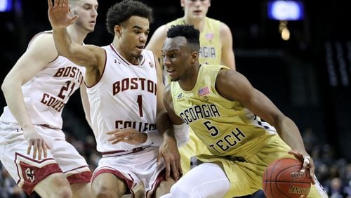 Georgia Tech’s Josh Okogie works against Boston College’s Jerome Robinson in the first half during the first round of the ACC Men's Basketball Tournament at Barclays Center on March 6, 2018, in New York City.