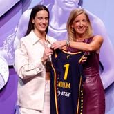 Caitlin Clark (left) poses with WNBA Commissioner Cathy Engelbert after being selected as the first overall pick by the Indiana Fever during the 2024 WNBA draft at Brooklyn Academy of Music on Monday, April 15, 2024, in New York City. (Sarah Stier/Getty Images/TNS)