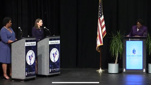Stacey Abrams and Stacey Evans at a televised debate in Columbus.