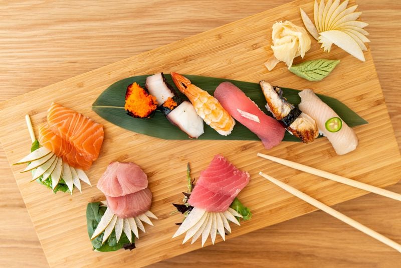 Sukoshi Chef Choice Combo Nigiri and Sashimi with tuna, salmon, bluefin tuna, yellowtail, octopus, ebi shrimp, unagi, and ikura. Phto credit- Mia Yakel.