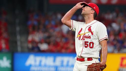 Adam Wainwright #50 of the St. Louis Cardinals reacts after giving up a two-run home run against the Chicago Cubs in the third inning at Busch Stadium on September 28, 2019 in St Louis, Missouri. (Photo by Dilip Vishwanat/Getty Images)