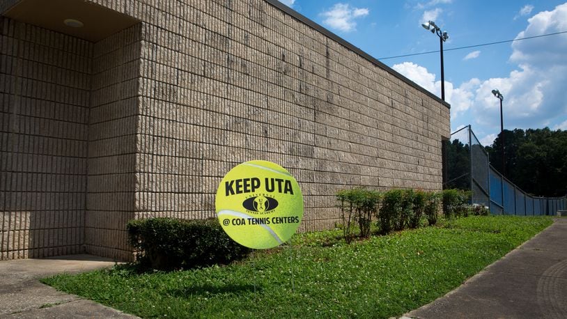 A "KEEP UTA" sign is seen at Joseph D. McGhee Tennis Center in Atlanta, Ga., on Friday, June 28, 2019. (Casey Sykes for The Atlanta Journal-Constitution)