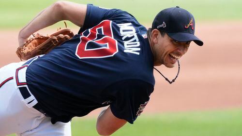 Atlanta Braves starting pitcher Charlie Morton (50) throws a simulated game before a spring training game March 23, 2021, against the Boston Red Sox in North Port, Fla. (John Bazemore/AP)