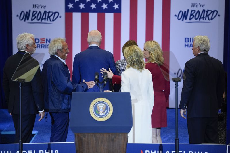 President Joe Biden walks off after speaking during a campaign event in Philadelphia, Thursday, April 18, 2024, with members of the Kennedy family. (AP Photo/Matt Rourke)