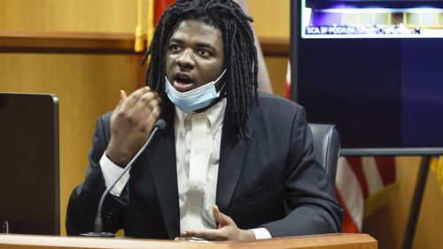 Jayden Myrick takes the stand to testify during his murder trial Wednesday at the Fulton County Courthouse.
 (Natrice Miller/natrice.miller@ajc.com)