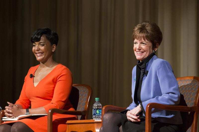Atlanta mayoral candidates Keisha Lance Bottoms (left) and Mary Norwood participate in a forum at the Carter Center on Tuesday, November 28, 2017.  