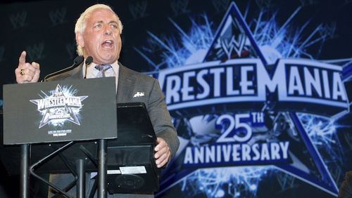 Wrestler Ric Flair attends the 25th Anniversary of WrestleMania press conference at the Hard Rock Cafe, Tuesday, March 31, 2009, in New York. (AP Photo/Charles Sykes)