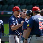 Atlanta Braves starting pitcher Charlie Morton is greeted by teammates after throwing live batting practice  during spring training workouts at CoolToday Park, Friday, Feb. 23, 2024, in North Port, Florida. (Hyosub Shin / Hyosub.Shin@ajc.com)