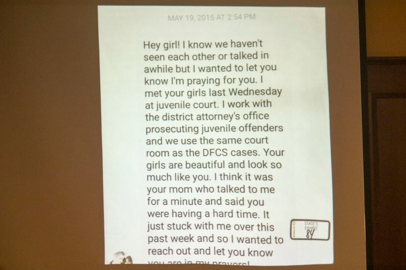 A message sent from Jennifer Rosenbaum to Tessa Clandening is presented as evidence during the trial of Jennifer and Joseph Rosenbaum in Henry County on Thursday.