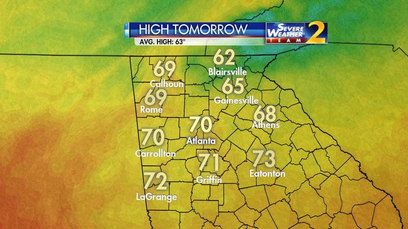 A high of 70 degrees is in the forecast for Atlanta on Saturday. (Credit: Channel 2 Action News)