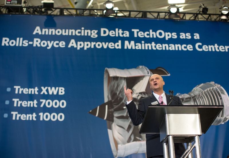 Eric Schulz, Rolls Royce president for civil large engines, speaks inside a Delta TechOps building near Hartsfield-Jackson Atlanta International Airport, Monday, Oct. 26, 2015, in Atlanta. Delta announced a new partnership with Rolls Royce as an approved maintenance center. BRANDEN CAMP/SPECIAL