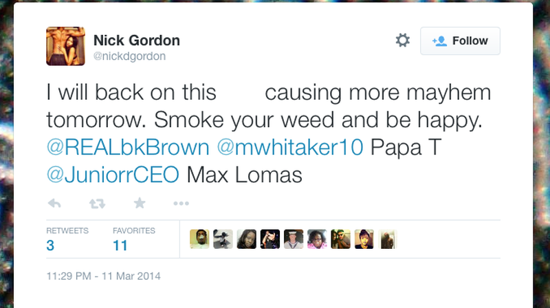 This is a screen shot of Nick Gordon's tweet from last March with a word redacted.