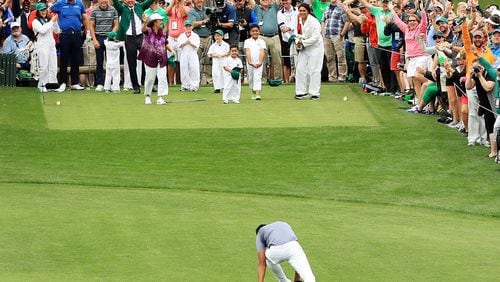 Tony Finau crumples after dislocating his ankle during Masters Par 3 Contest - but rather than marking the end of his 2018, it was merely the beginning of his best season yet.  (Andrew Redington/Getty Images)