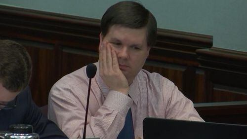 Justin Ross Harris reacts to testimony during his murder trial at the Glynn County Courthouse in Brunswick, Ga., on Friday, Oct. 21, 2016. (screen capture via WSB-TV)